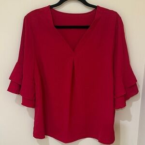 SHEIN Red V-Neck Ruffle top Sleeve women’s classic Blouse| casual short sleeve